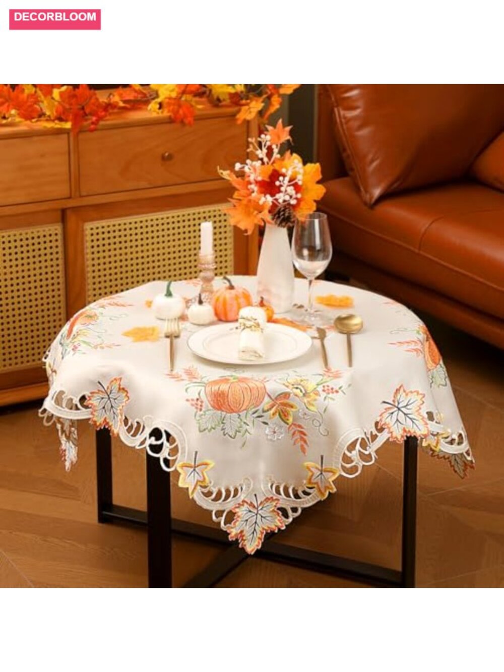 Embroidered Fall Tablecloth 34x34 Square Polyester Thanksgiving Harvest Dining